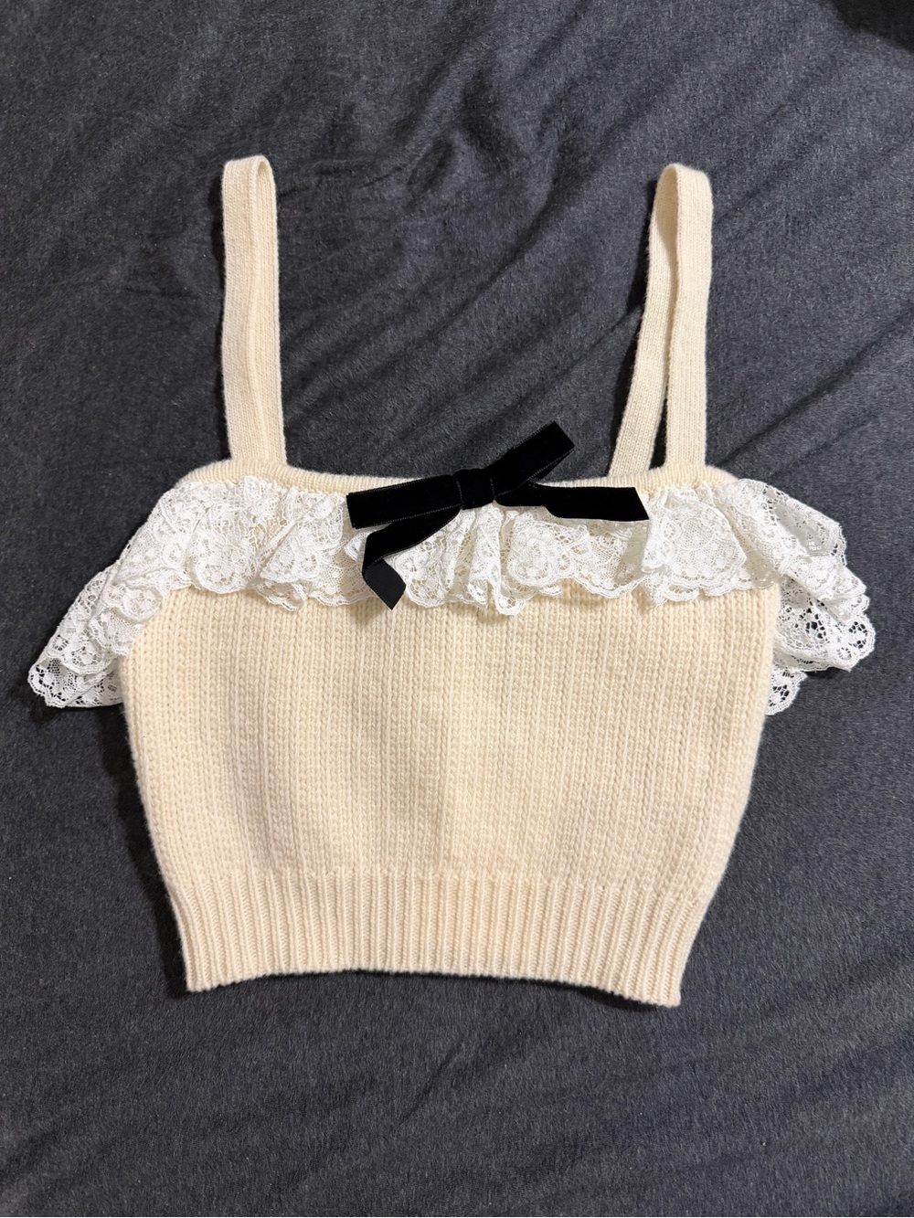 Alessandra Rich Cream Knit Crop Top with White Lace and Black Bow